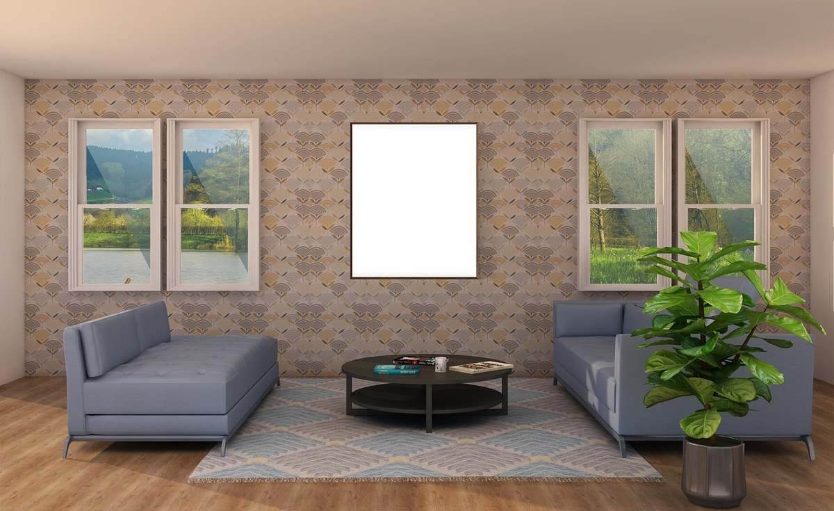 Pièce avec canapés, table basse, plante, tapis, fenêtres, tableau blanc Pièce avec canapés, table basse, plante, tapis, fenêtres, tableau blanc